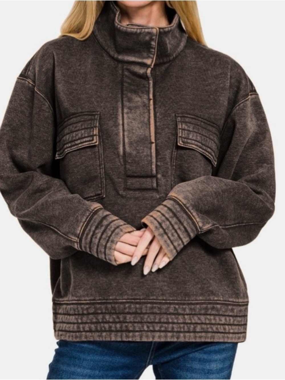 Acid Washed Half Snap Button Front Fleece Sweatshirt / ASH BLACK